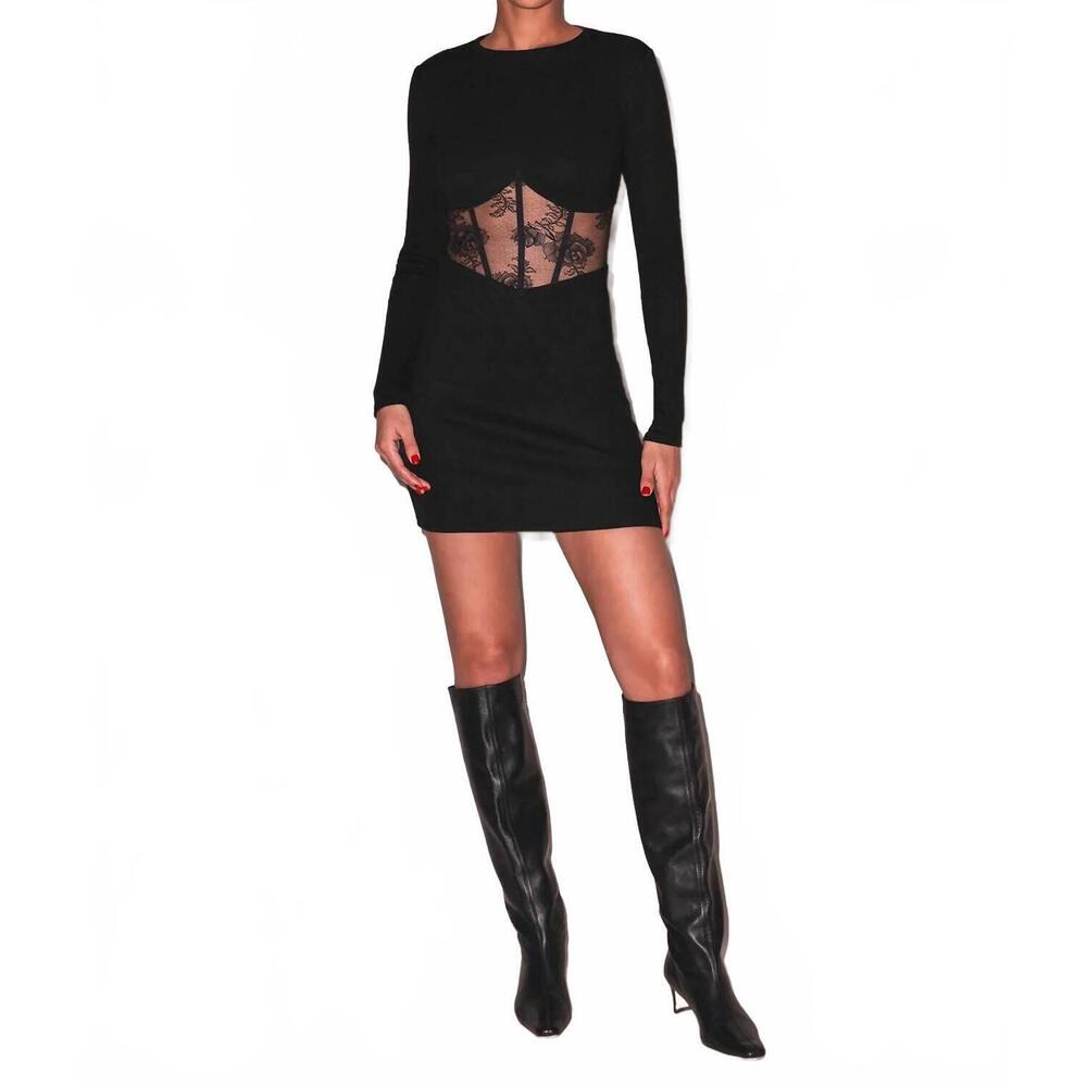 NEW FLEUR DU MAL rib & bouquet lace boned dress in black